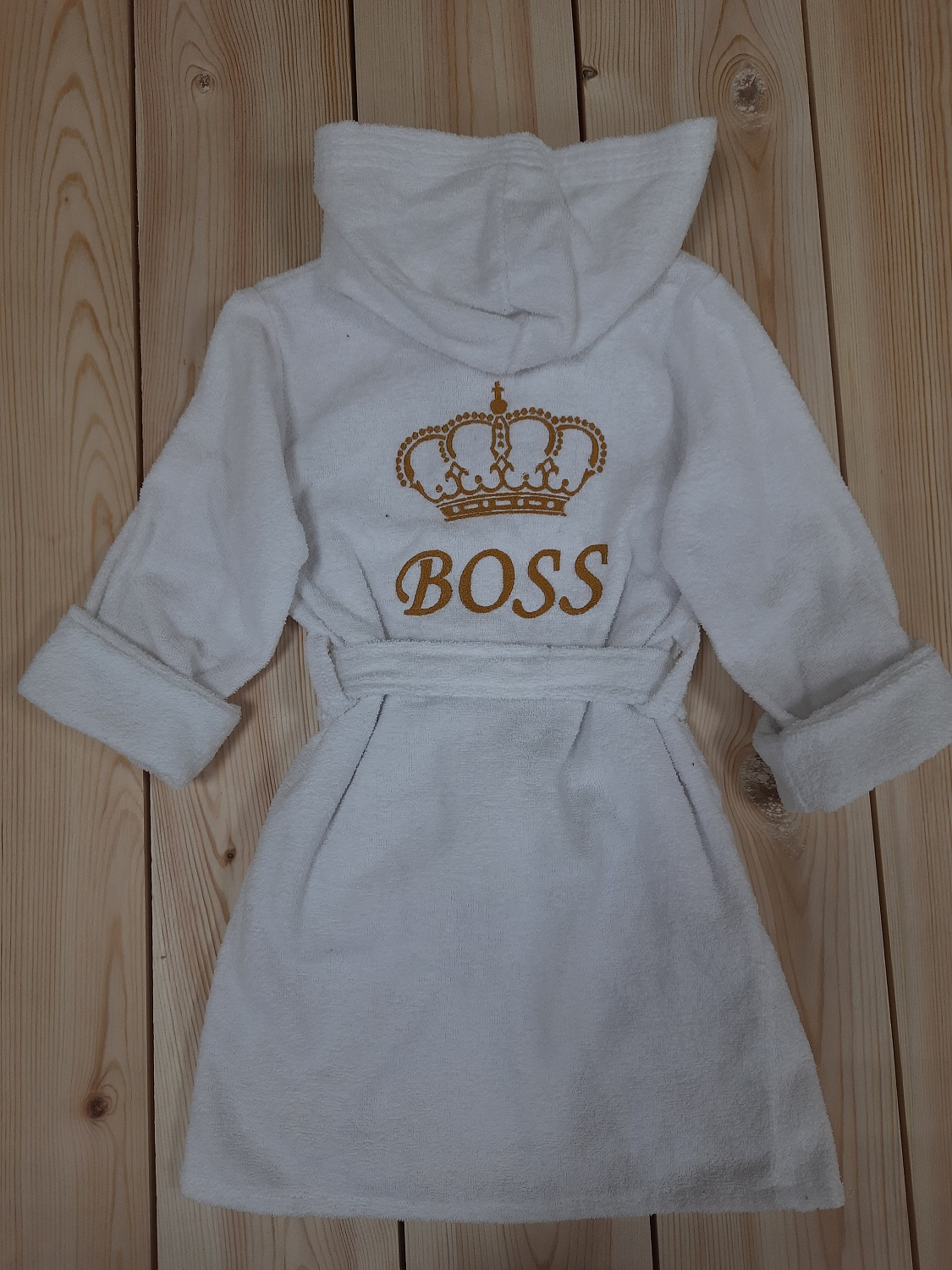 Халат детский махровый, с вышивкой "BOSS", белый.