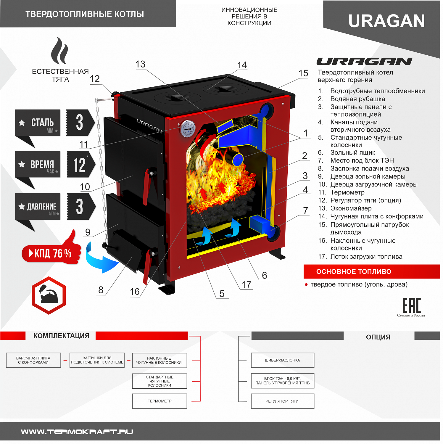 Котёл отопительный комбинированный Uragan 10 кВт